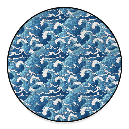 Blue Japanese Wave Pattern Print Round Floor Mat