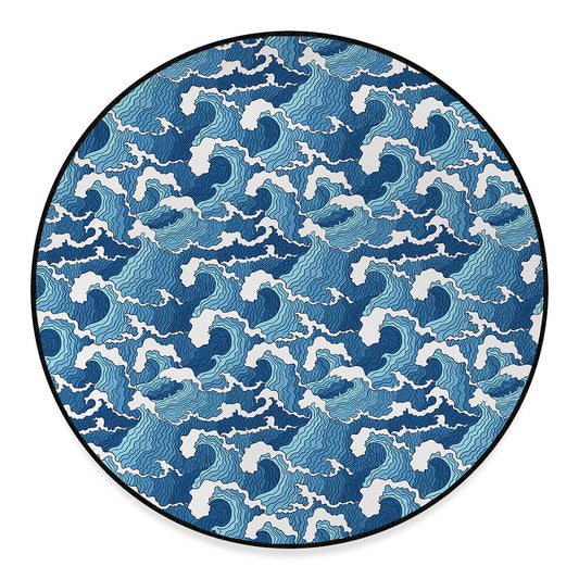 Blue Japanese Wave Pattern Print Round Floor Mat