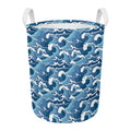 Blue Japanese Wave Pattern Print Round Laundry Basket