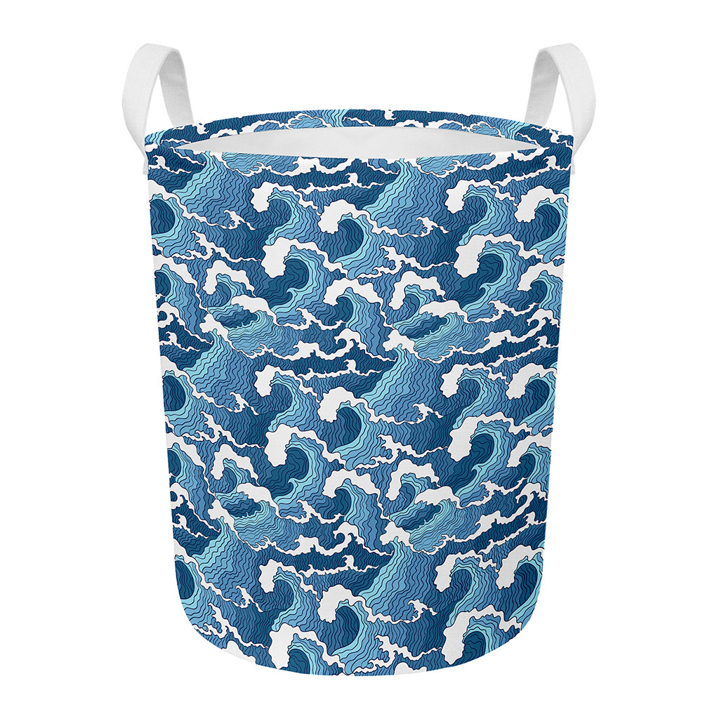 Blue Japanese Wave Pattern Print Round Laundry Basket