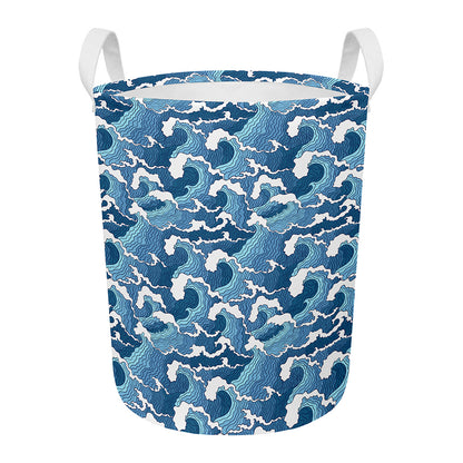 Blue Japanese Wave Pattern Print Round Laundry Basket