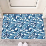 Blue Japanese Wave Pattern Print Rubber Doormat