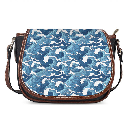 Blue Japanese Wave Pattern Print Saddle Bag