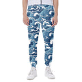 Blue Japanese Wave Pattern Print Joggers