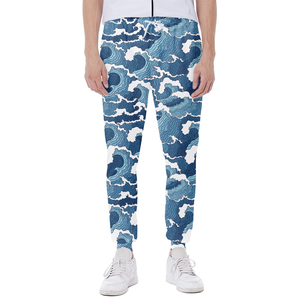 Blue Japanese Wave Pattern Print Scuba Joggers