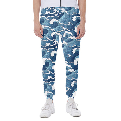 Blue Japanese Wave Pattern Print Scuba Joggers