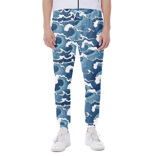 Blue Japanese Wave Pattern Print Scuba Joggers