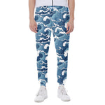 Blue Japanese Wave Pattern Print Scuba Joggers
