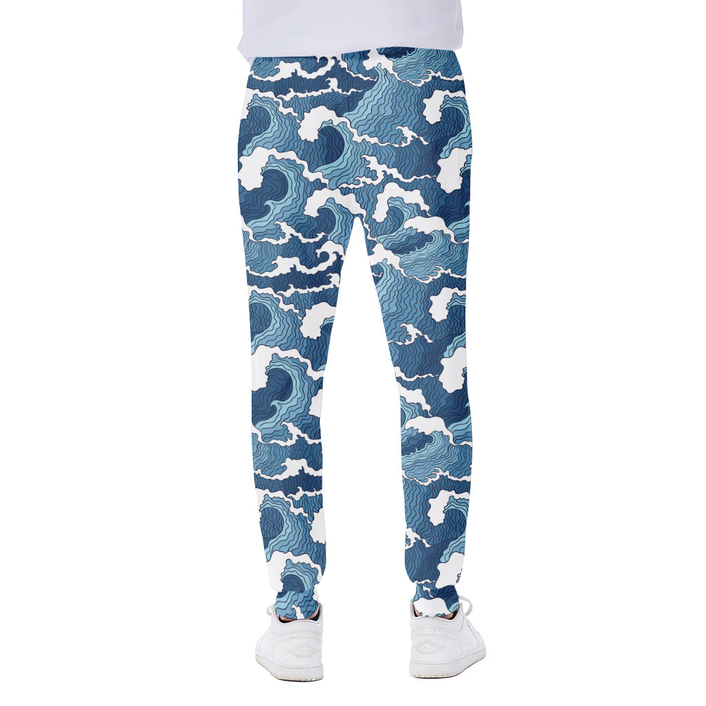 Blue Japanese Wave Pattern Print Scuba Joggers