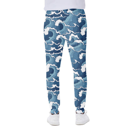 Blue Japanese Wave Pattern Print Scuba Joggers