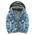 Blue Japanese Wave Pattern Print Sherpa Lined Zip Up Hoodie