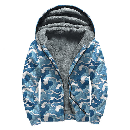 Blue Japanese Wave Pattern Print Sherpa Lined Zip Up Hoodie