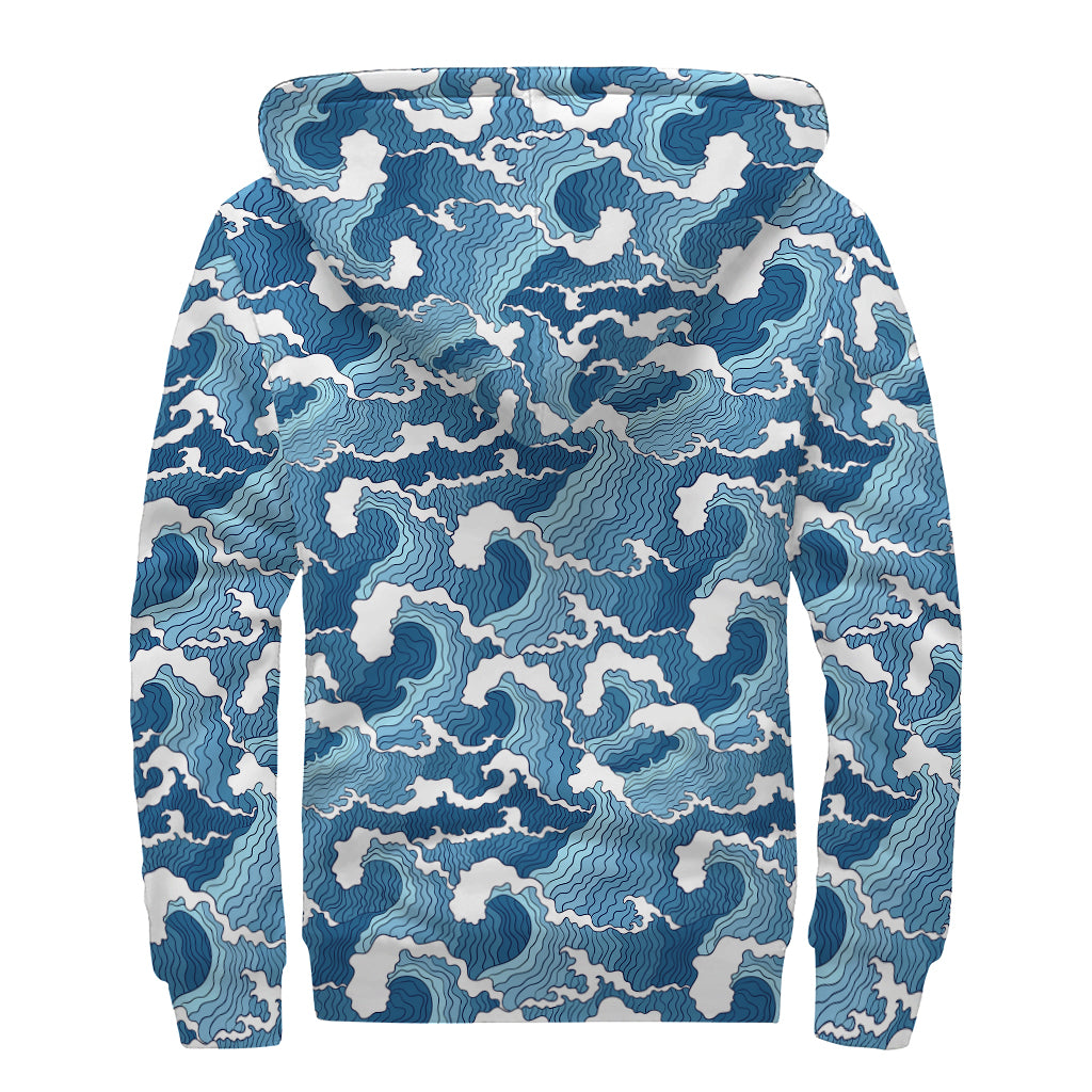 Blue Japanese Wave Pattern Print Sherpa Lined Zip Up Hoodie