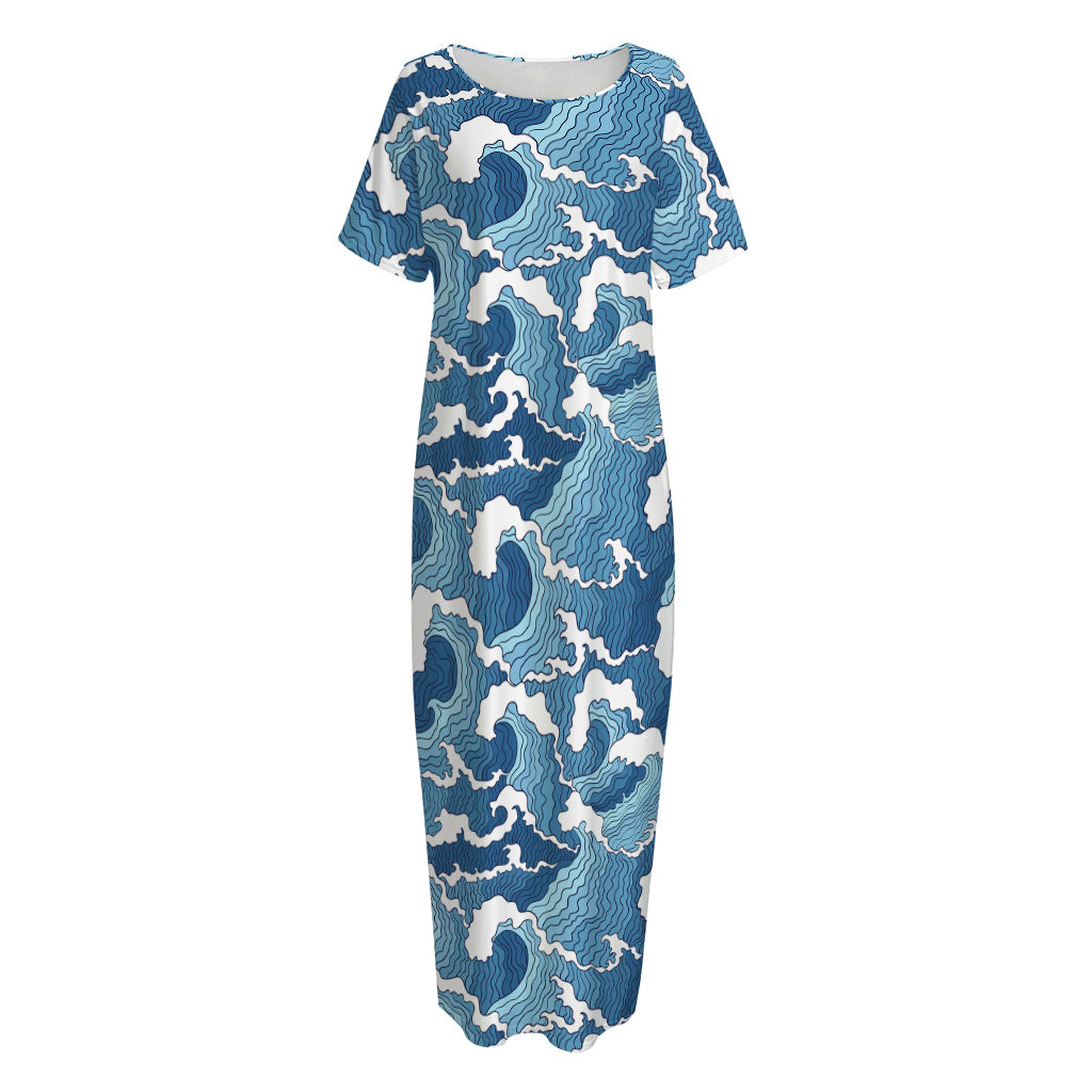 Blue Japanese Wave Pattern Print Short Sleeve Long Nightdress