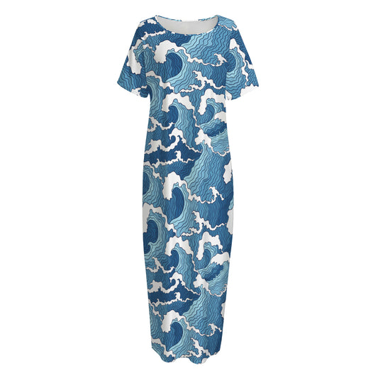 Blue Japanese Wave Pattern Print Short Sleeve Long Nightdress