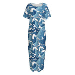 Blue Japanese Wave Pattern Print Short Sleeve Long Nightdress