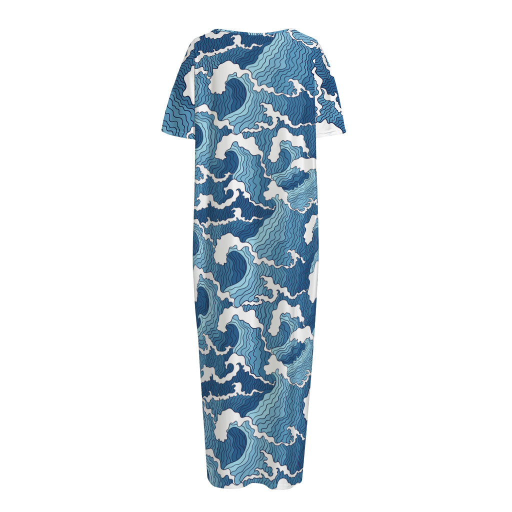 Blue Japanese Wave Pattern Print Short Sleeve Long Nightdress