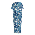 Blue Japanese Wave Pattern Print Short Sleeve Long Nightdress