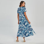 Blue Japanese Wave Pattern Print Short Sleeve Maxi Dress