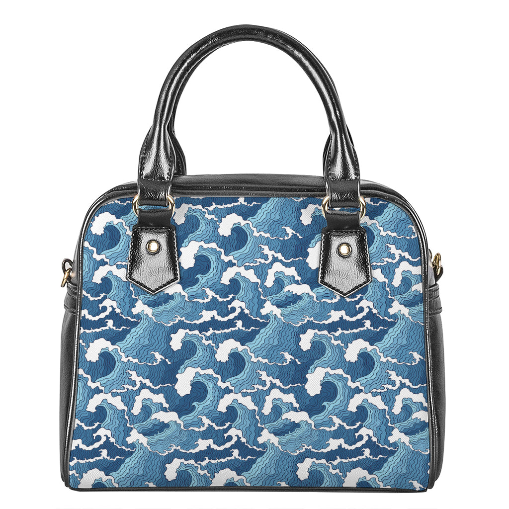 Blue Japanese Wave Pattern Print Shoulder Handbag