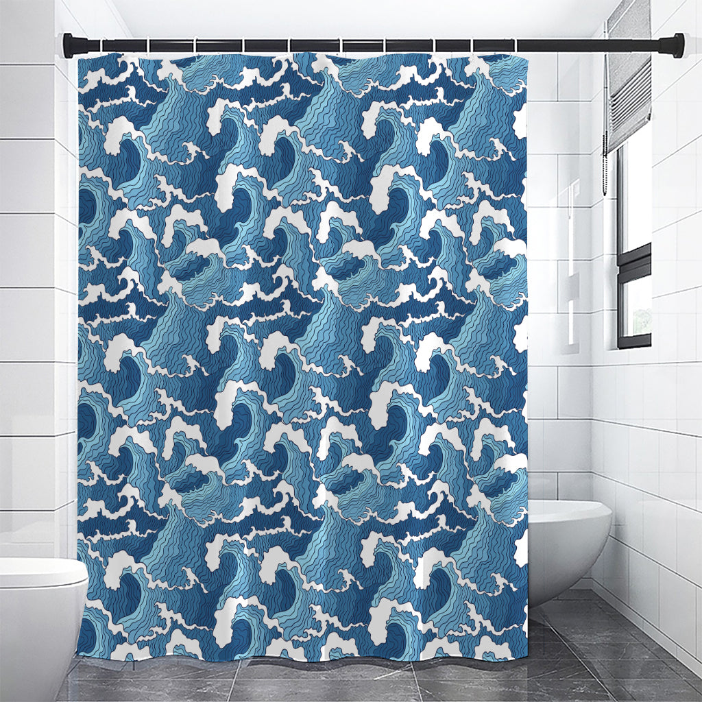Blue Japanese Wave Pattern Print Shower Curtain