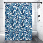 Blue Japanese Wave Pattern Print Shower Curtain