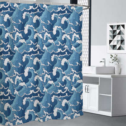 Blue Japanese Wave Pattern Print Shower Curtain