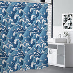 Blue Japanese Wave Pattern Print Shower Curtain
