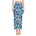 Blue Japanese Wave Pattern Print Side Slit Maxi Skirt