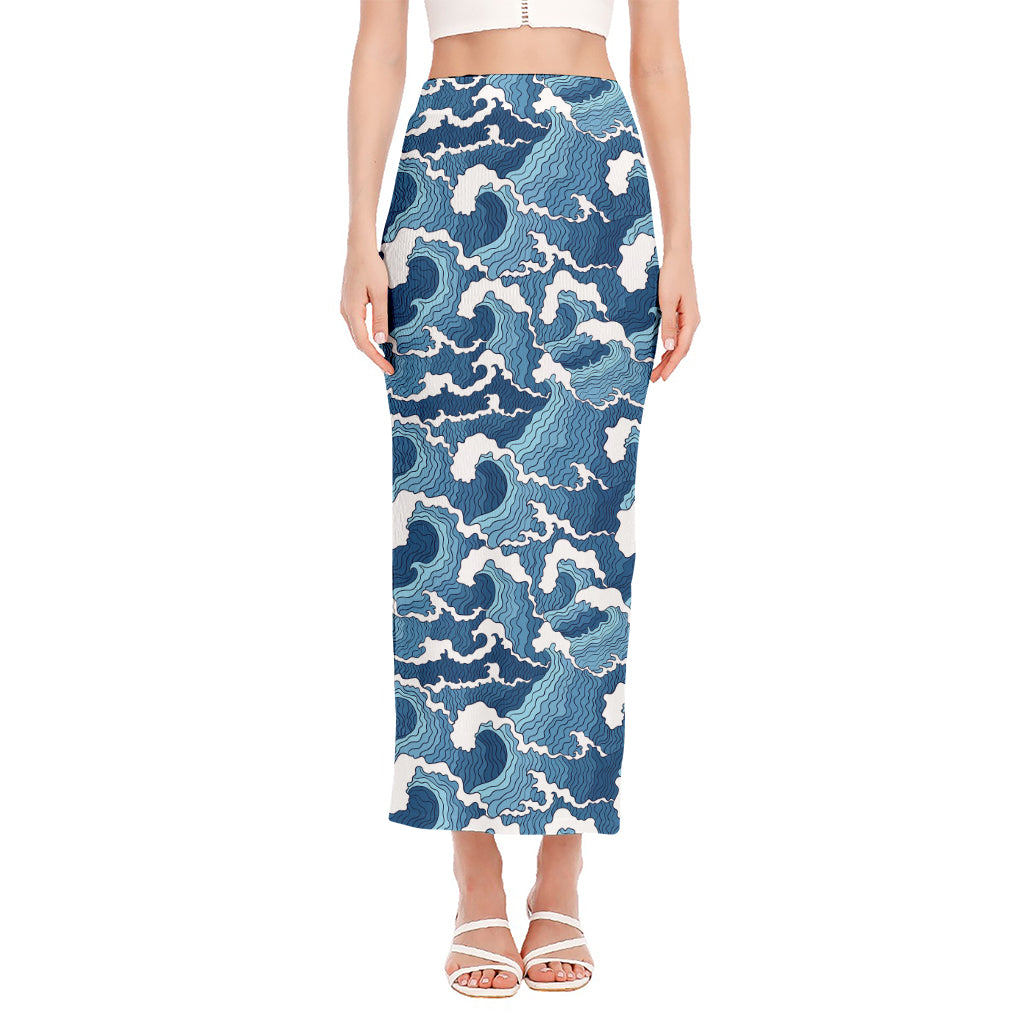 Blue Japanese Wave Pattern Print Side Slit Maxi Skirt