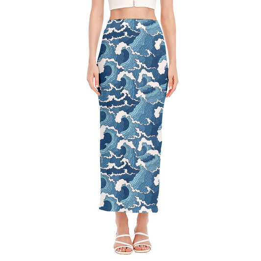 Blue Japanese Wave Pattern Print Side Slit Maxi Skirt