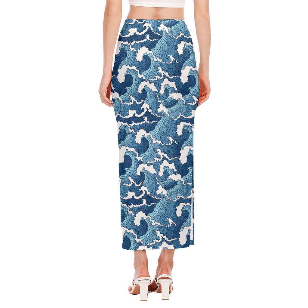Blue Japanese Wave Pattern Print Side Slit Maxi Skirt