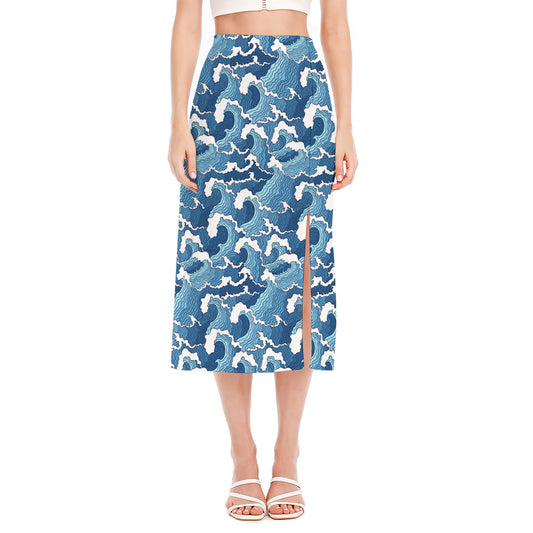 Blue Japanese Wave Pattern Print Side Slit Midi Skirt