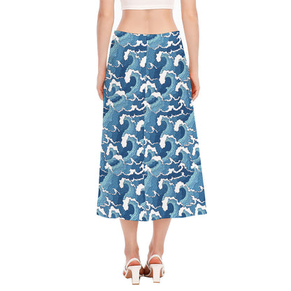 Blue Japanese Wave Pattern Print Side Slit Midi Skirt