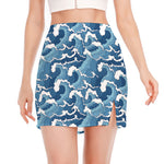 Blue Japanese Wave Pattern Print Side Slit Mini Skirt