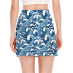 Blue Japanese Wave Pattern Print Side Slit Mini Skirt