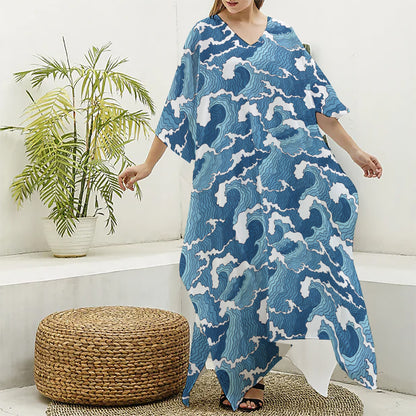 Blue Japanese Wave Pattern Print Silk V-Neck Kaftan Dress