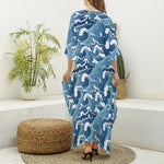 Blue Japanese Wave Pattern Print Silk V-Neck Kaftan Dress