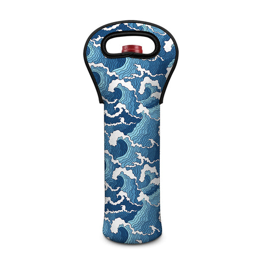 Blue Japanese Wave Pattern Print Single Neoprene Wine Tote