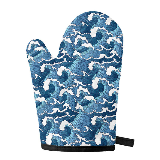 Blue Japanese Wave Pattern Print Single Oven Mitt