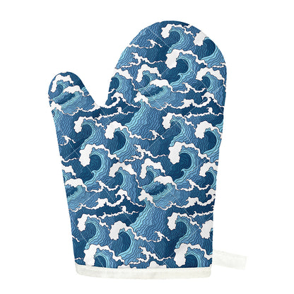Blue Japanese Wave Pattern Print Single Oven Mitt