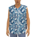 Blue Japanese Wave Pattern Print Sleeveless Baseball Jersey