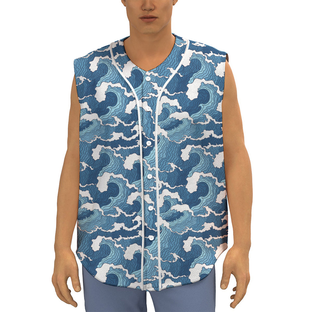 Blue Japanese Wave Pattern Print Sleeveless Baseball Jersey