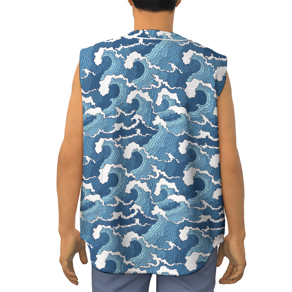 Blue Japanese Wave Pattern Print Sleeveless Baseball Jersey