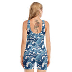 Blue Japanese Wave Pattern Print Sleeveless One Piece Swimsuit
