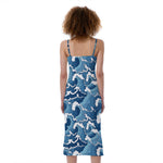 Blue Japanese Wave Pattern Print Slim Fit Midi Cami Dress