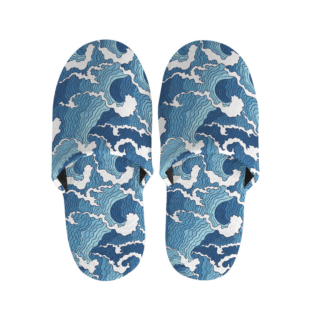 Blue Japanese Wave Pattern Print Slippers