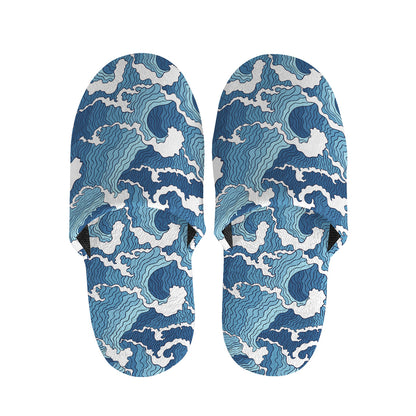 Blue Japanese Wave Pattern Print Slippers