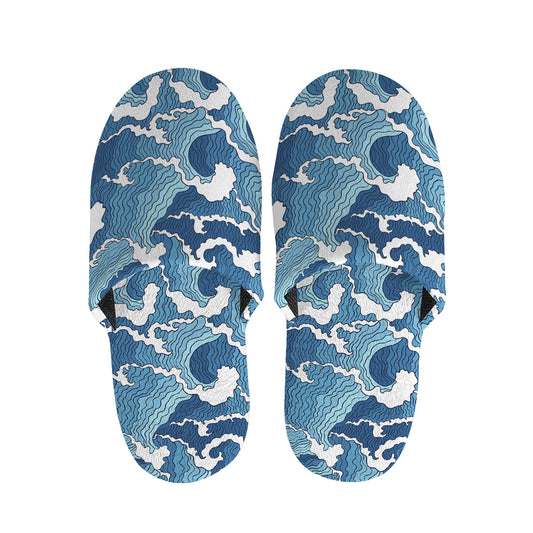 Blue Japanese Wave Pattern Print Slippers