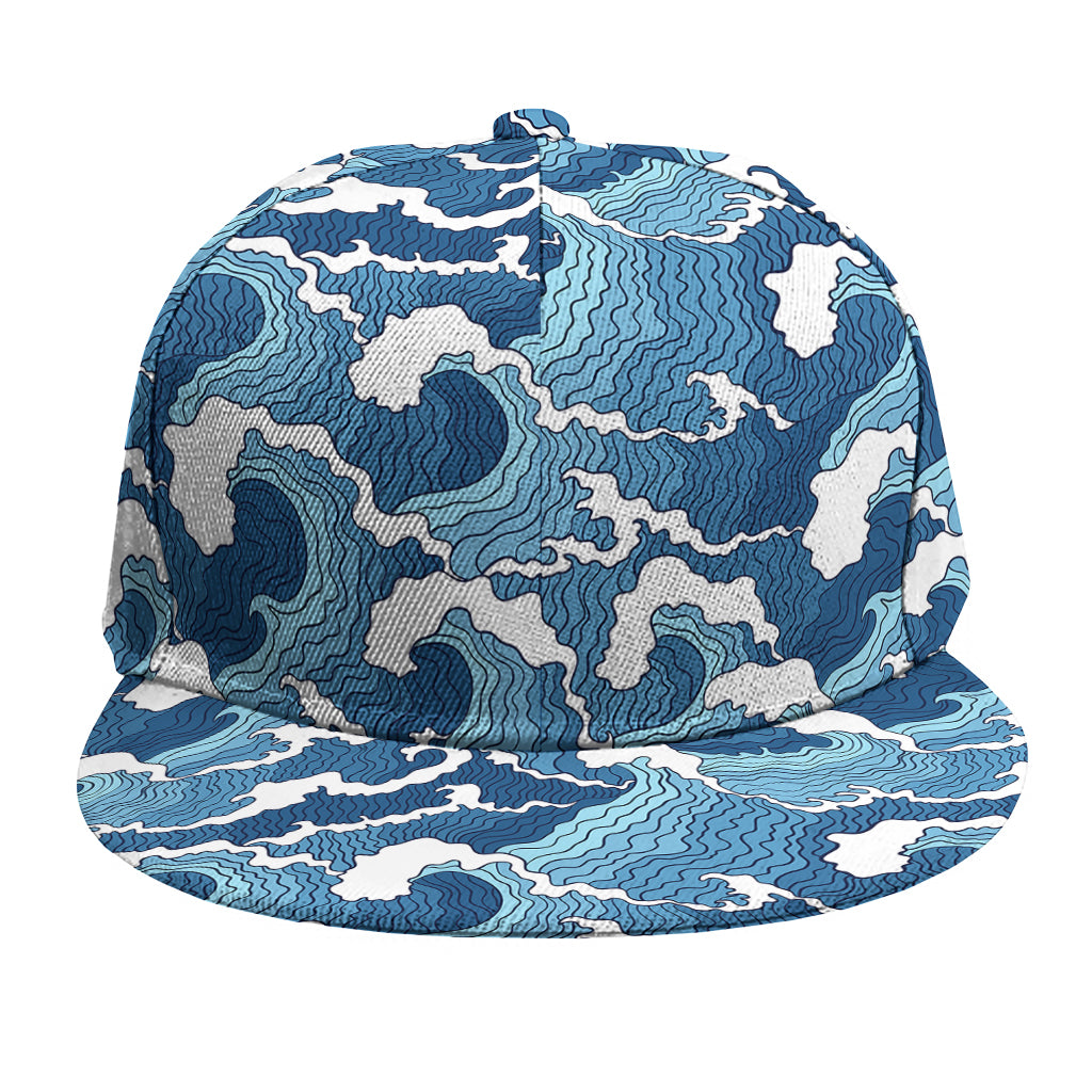 Blue Japanese Wave Pattern Print Snapback Cap
